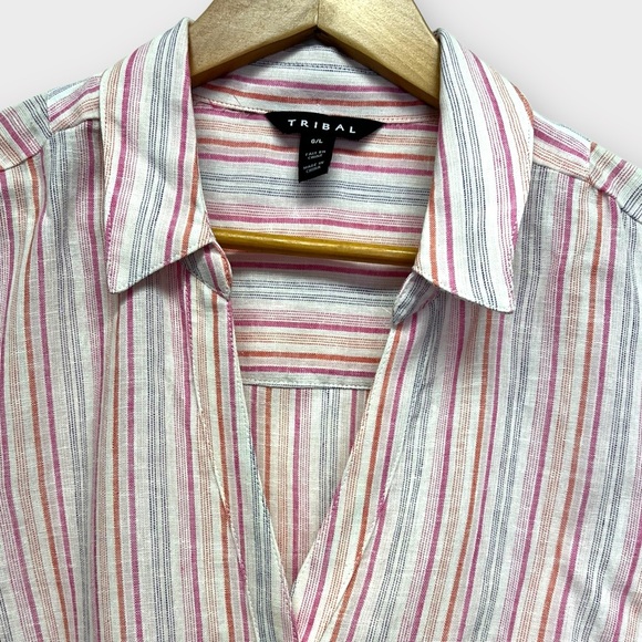 TRIBAL | Magenta Rayon Linen Blend Striped Blouse Large NWT - Picture 3 of 10